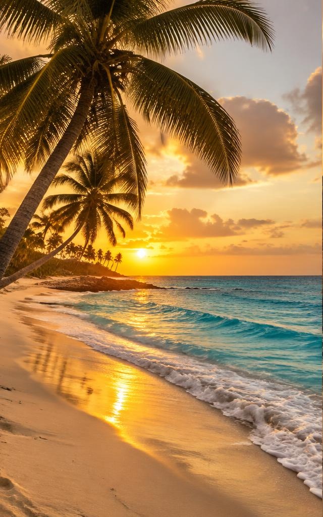 Praia caribenha com areia branca, coqueiros e mar turquesa