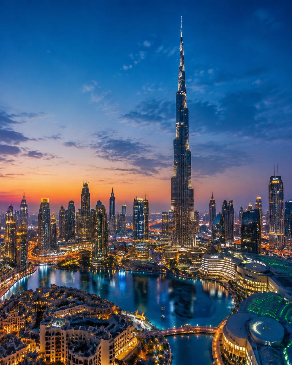 Skyline de Dubai iluminado com o Burj Khalifa