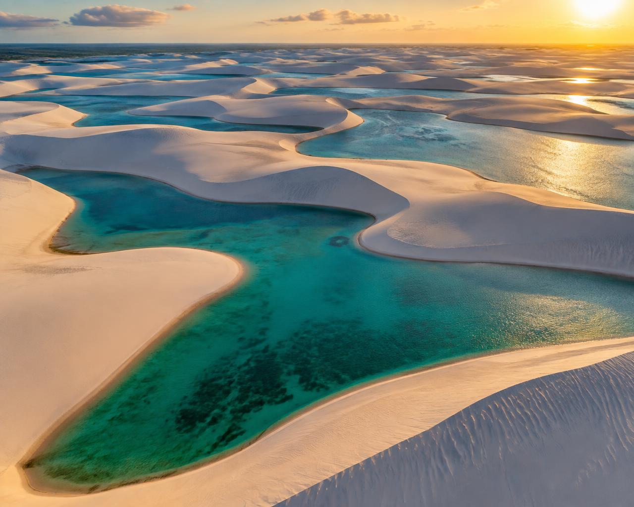 Dunas brancas e lagoas azul-esverdeadas nos Lençóis Maranhenses