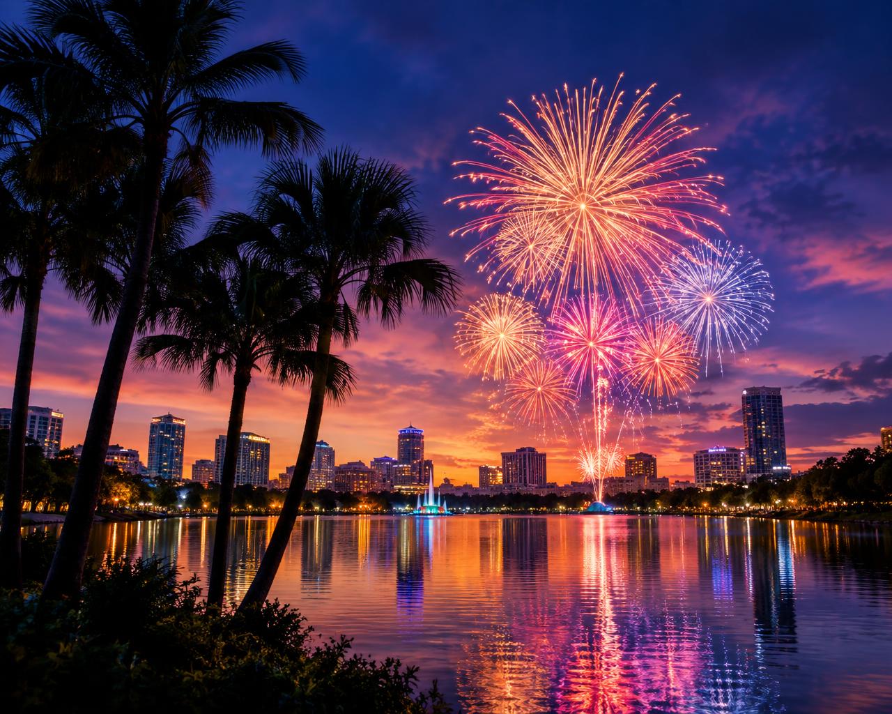 Fogos de artifício sobre um lago em Orlando ao anoitecer