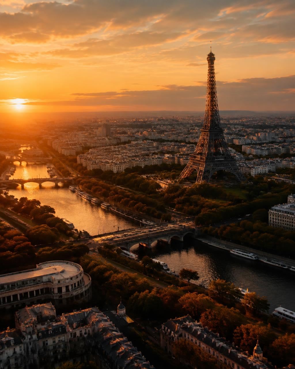 Torre Eiffel e Paris ao entardecer