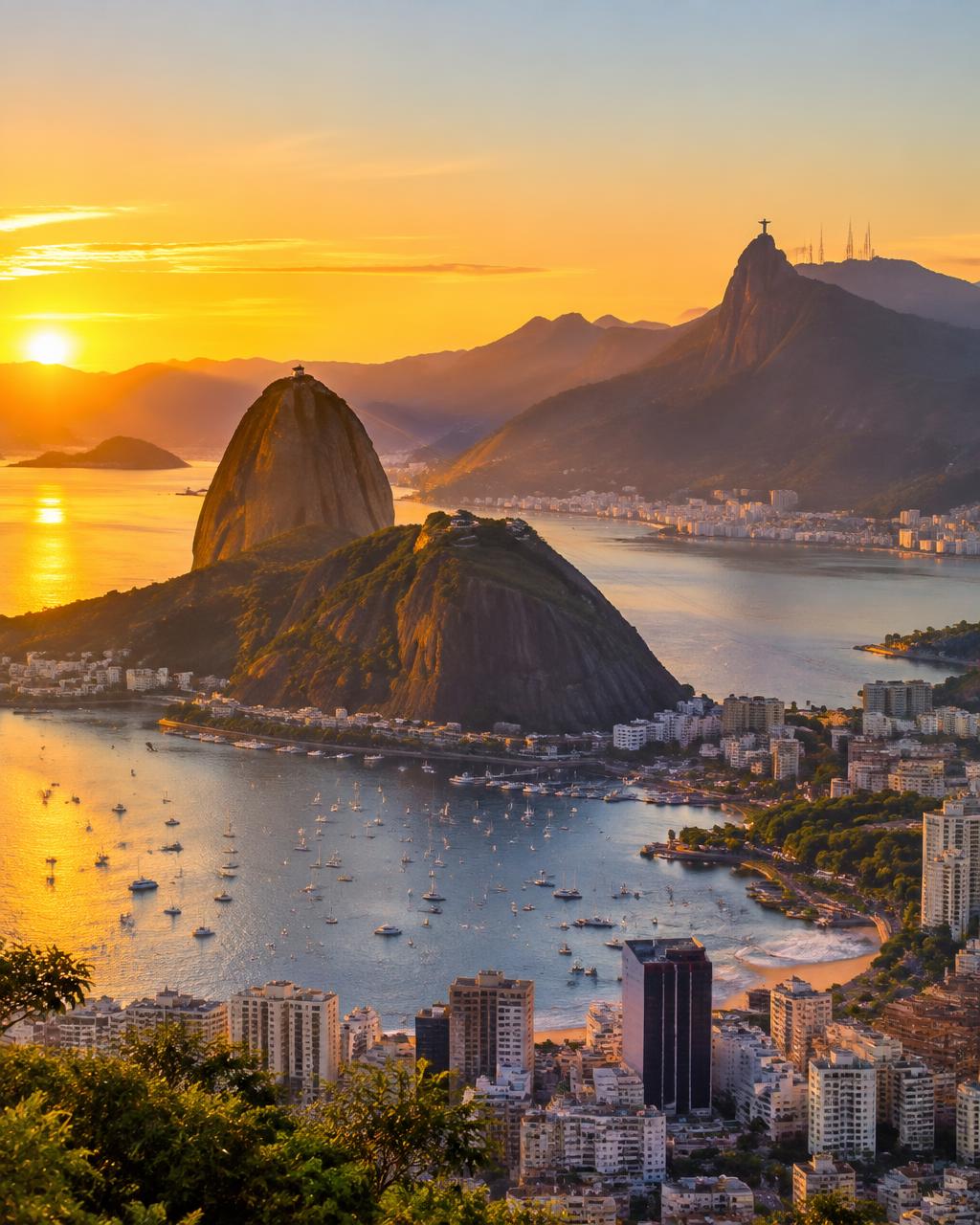 Rio de Janeiro ao entardecer com o Cristo Redentor ao fundo